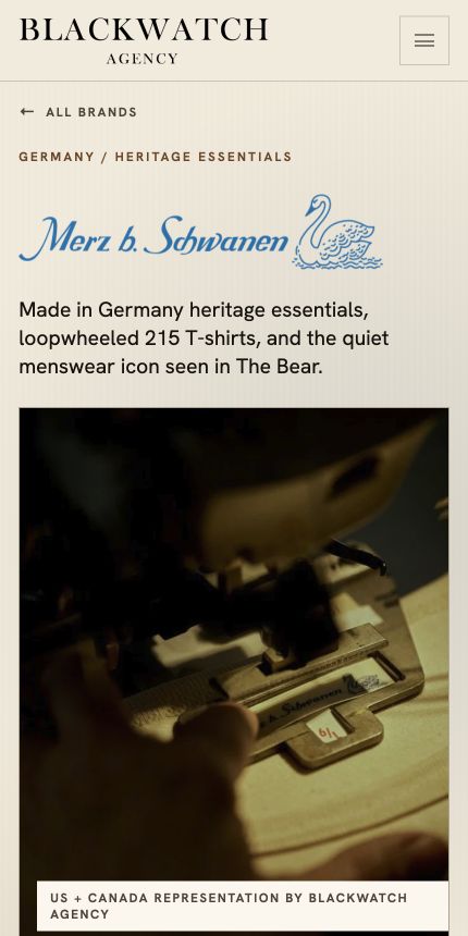 Blackwatch Agency Merz B Schwanen brand page on mobile