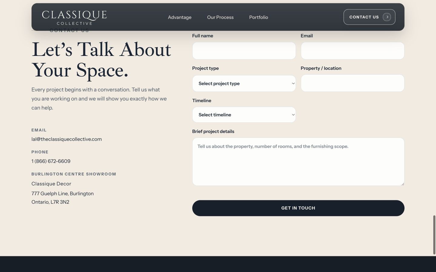 Classique Collective inquiry form on desktop