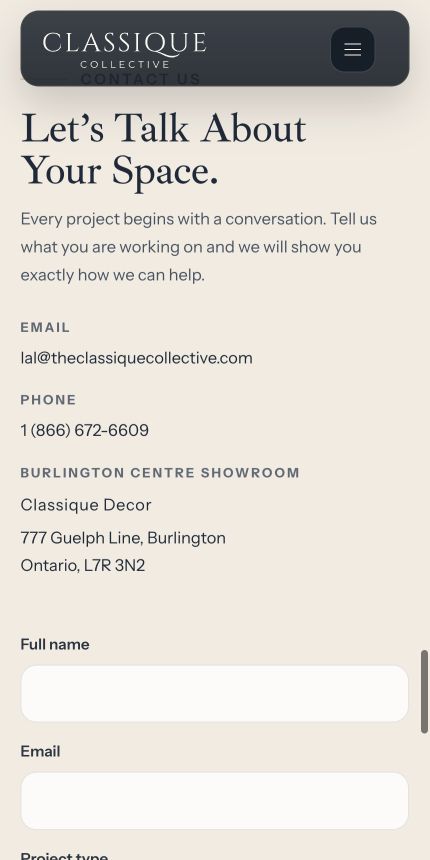 Classique Collective inquiry form on mobile