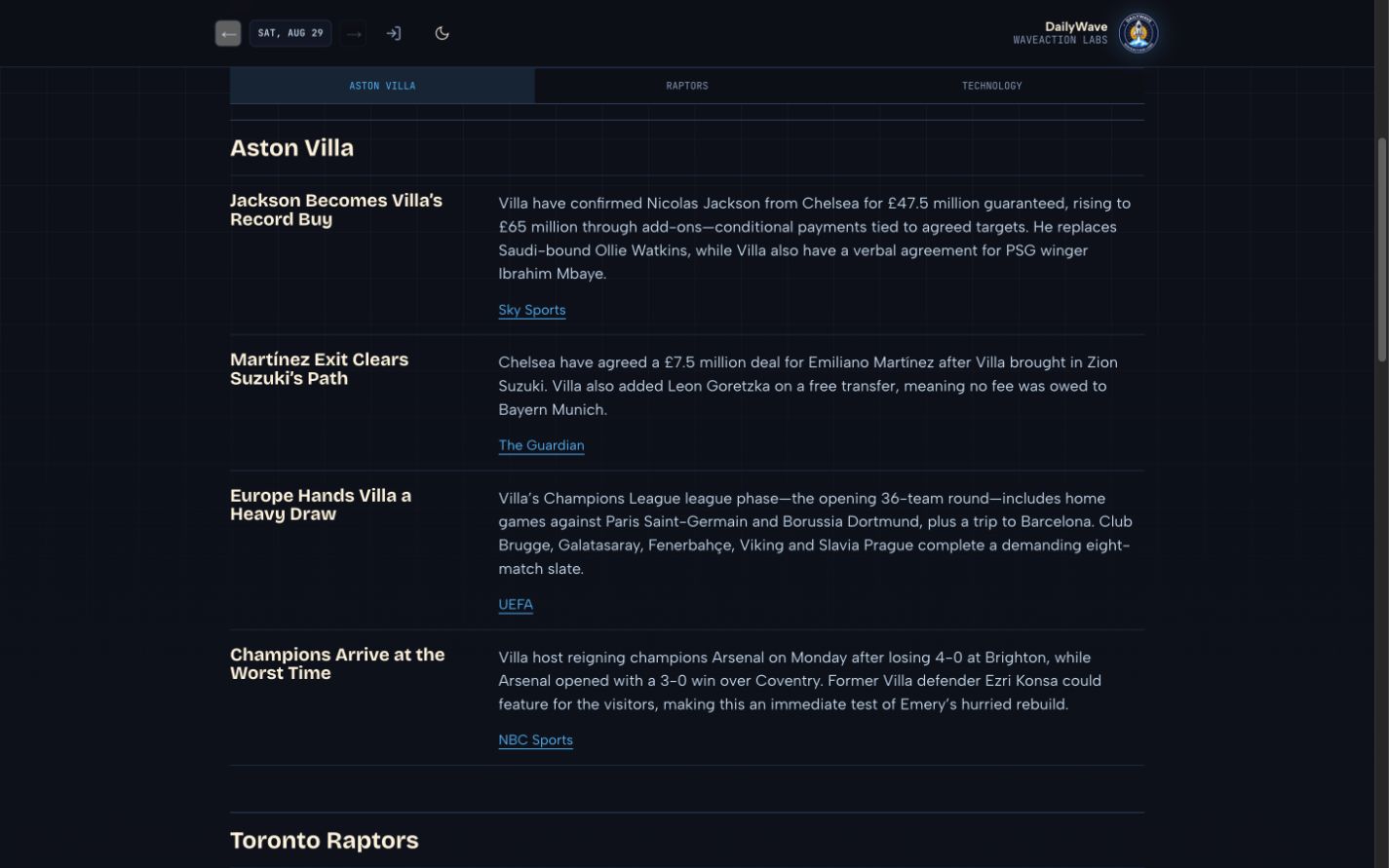DailyWave Aston Villa briefing on desktop