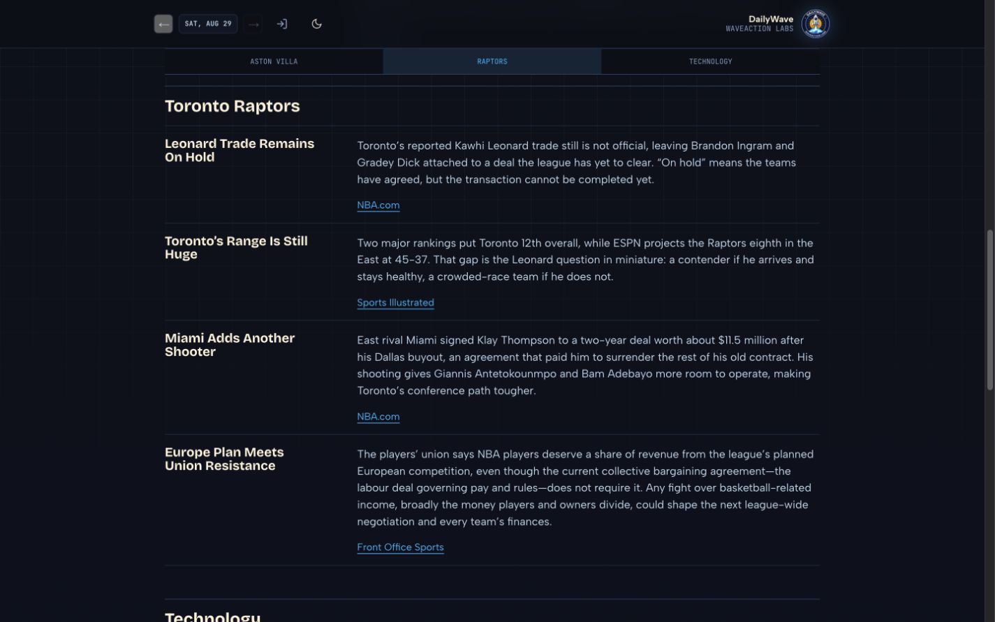 DailyWave Toronto Raptors briefing on desktop