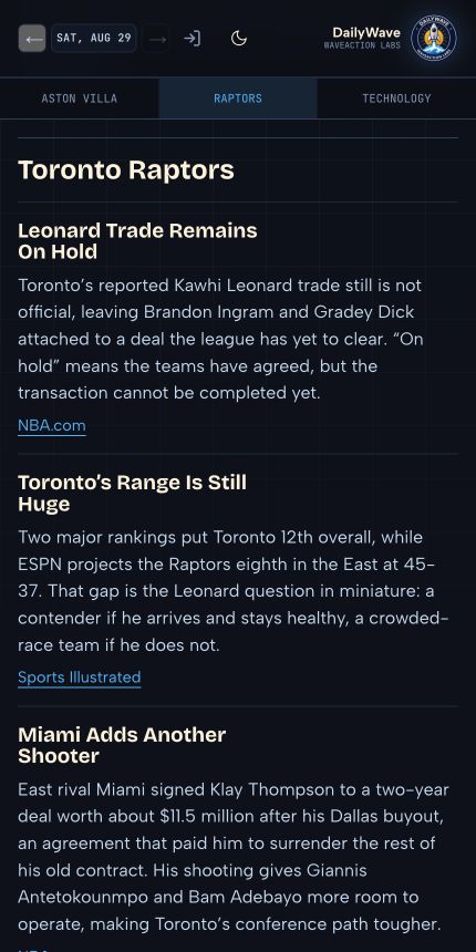 DailyWave Toronto Raptors briefing on mobile