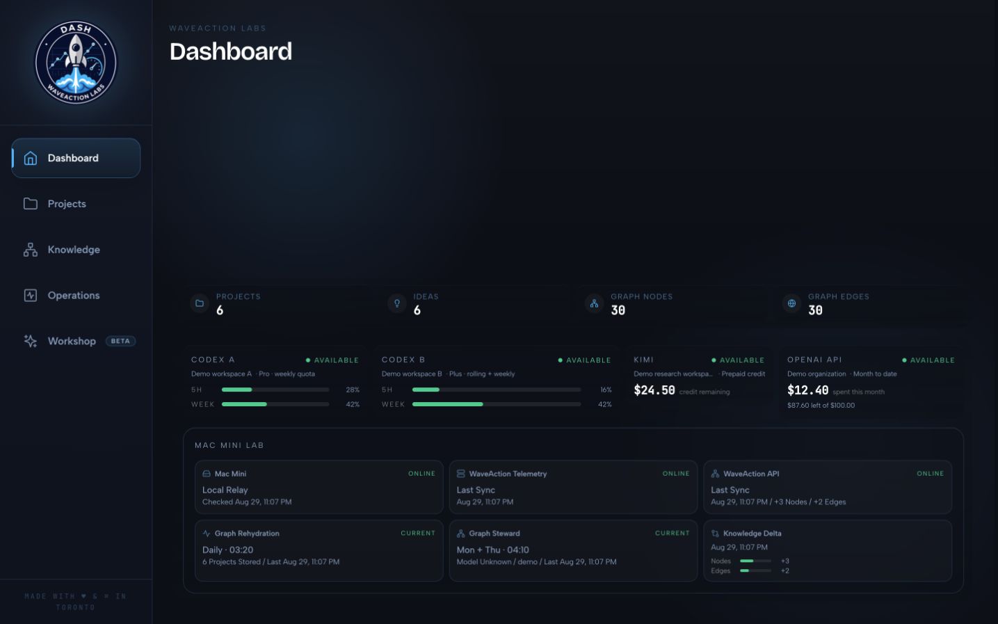 Dash dashboard with synthetic demo graph and account metrics on desktop