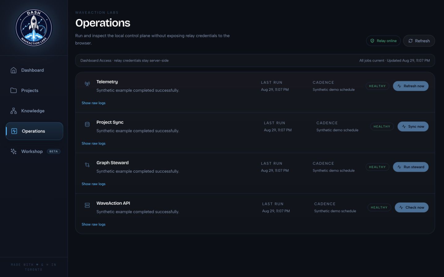 Dash operations workspace with synthetic demo status on desktop