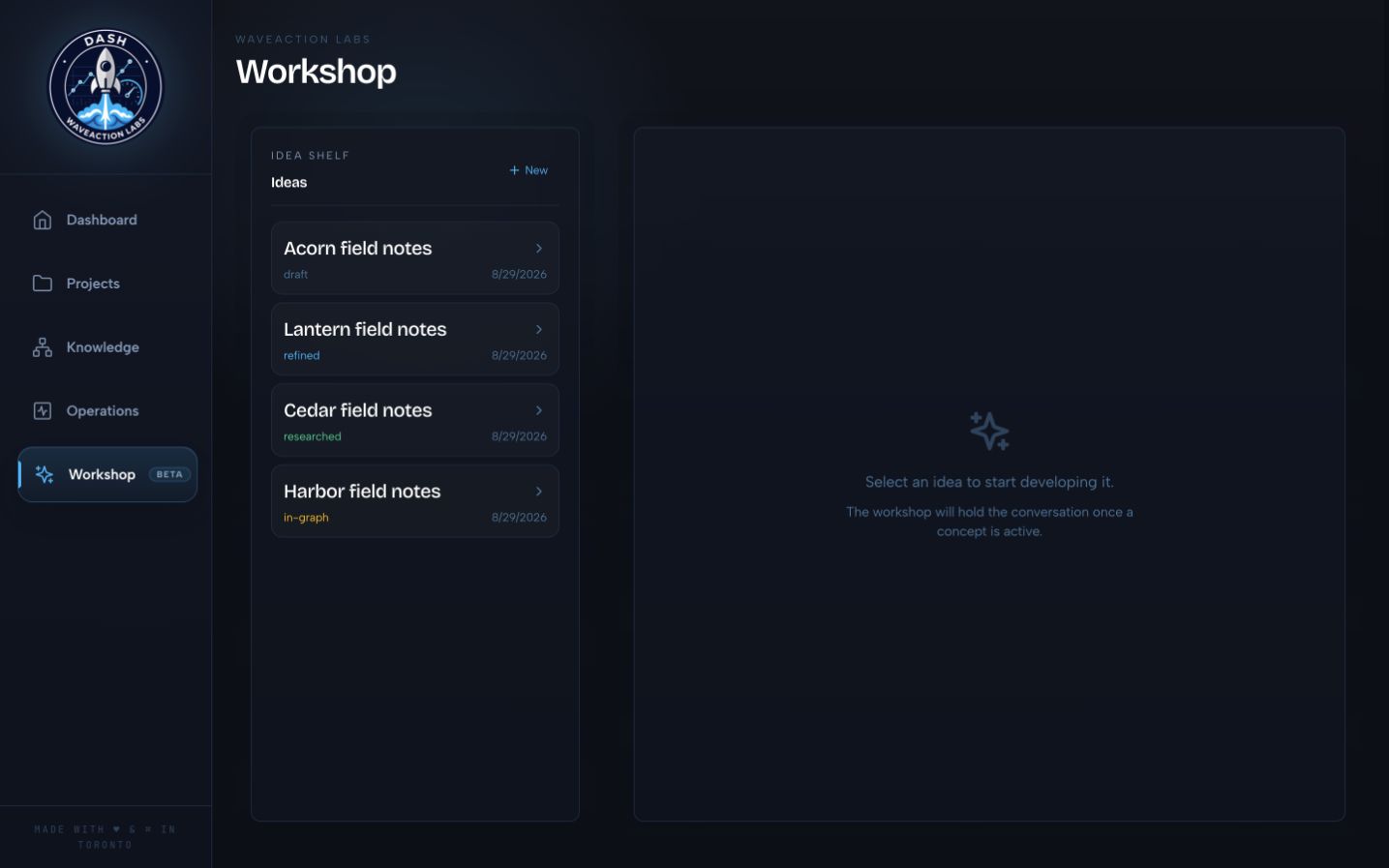 Dash workshop with fictional demo ideas on desktop