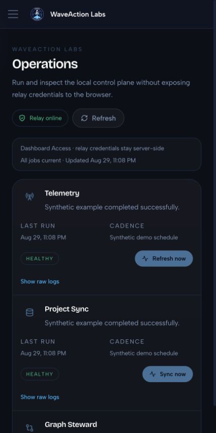Dash operations workspace with synthetic demo status on mobile
