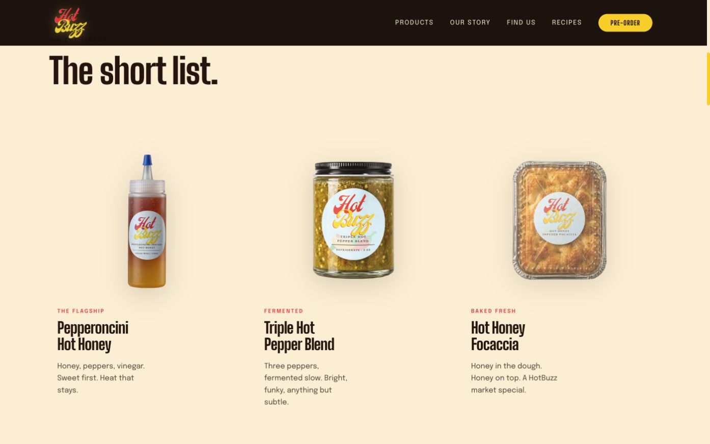 Hot Buzz product lineup on desktop