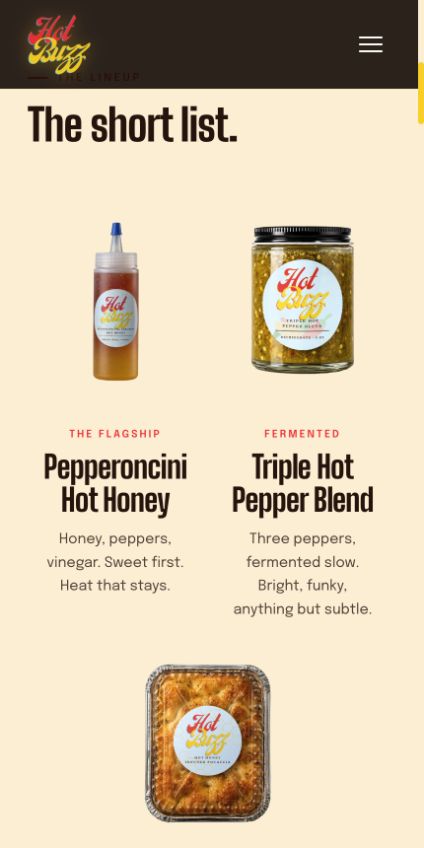 Hot Buzz product lineup on mobile