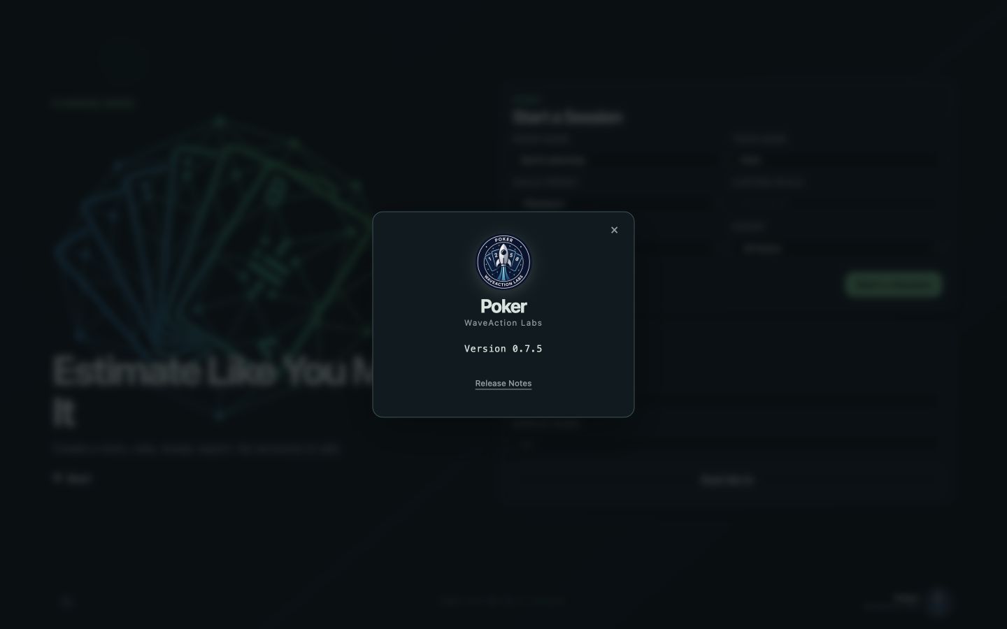 Planning Poker About dialog with WaveAction Labs branding and version 0.7.5 on desktop