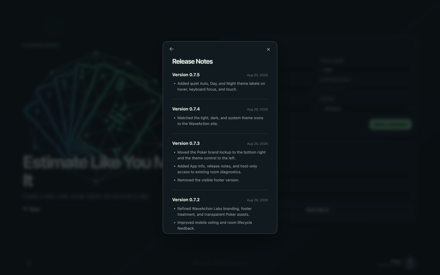 Planning Poker release notes in the About dialog on desktop