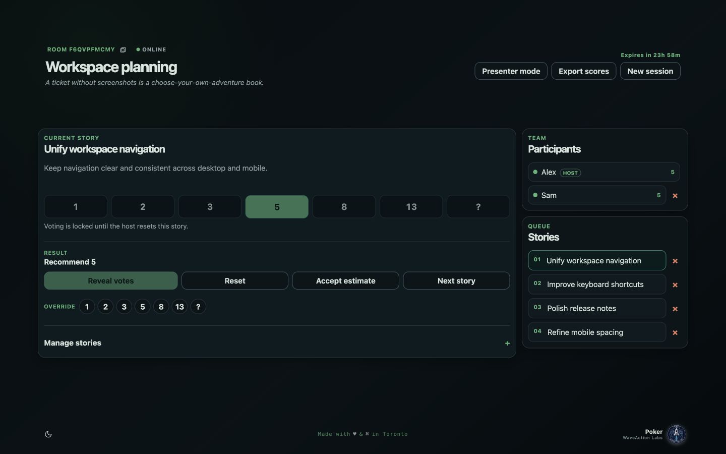 Planning Poker revealed estimate with both demo teammates voting five on desktop