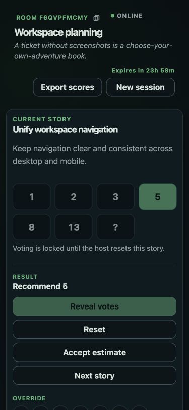Planning Poker revealed estimate with both demo teammates voting five on mobile