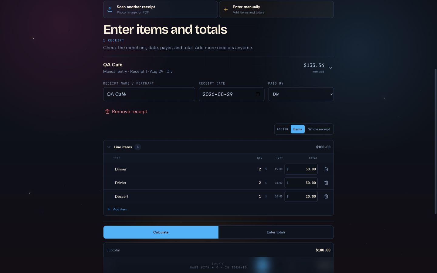 SplitWave sample receipt items and totals on desktop