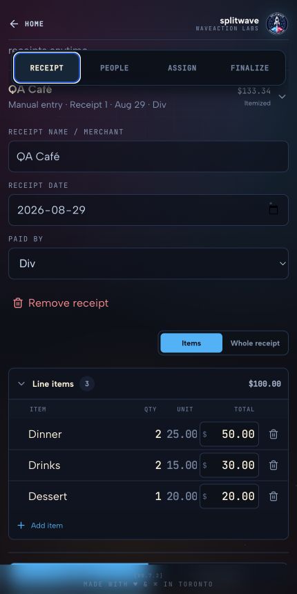 SplitWave sample receipt items and totals on mobile